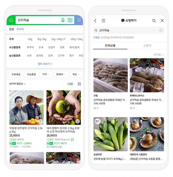 네이버·카카오가 제공하는 산지직송 쇼핑 화면