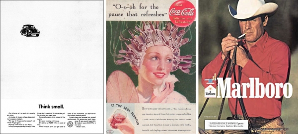 Advertising Age가 보도한 20세기 미국 3대 광고. VW Think Small, 코카콜라, 말보로 (왼쪽부터)