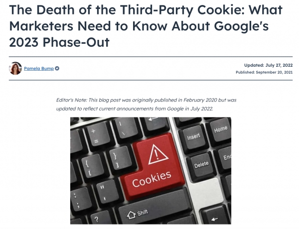Hubspot 블로그의 보도. 제목은 “제3자 쿠키의 사망: 구글의 2023년 철수에 관해 마케터가 무엇을 알아야 할 것인가”  