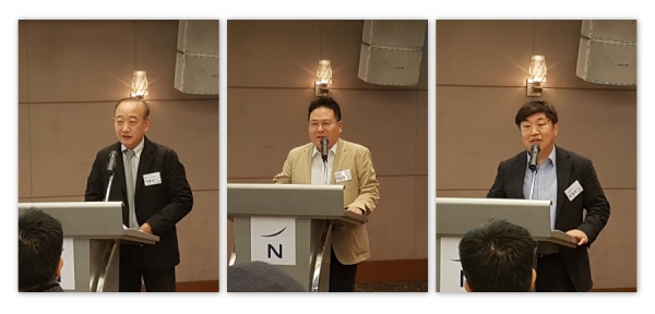 인사말하는 신규 임원 백종렬 에지전시더블유 대표, 박윤석 카카오 상무, 박천성 다트미디어 대표 (좌로부터)