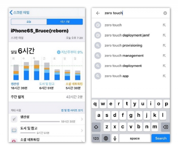 필자의 모바일폰 스크린사용시간을 보여주는 화면(좌), 필자의 모바일폰에서 Zero touch 검색결과(우)