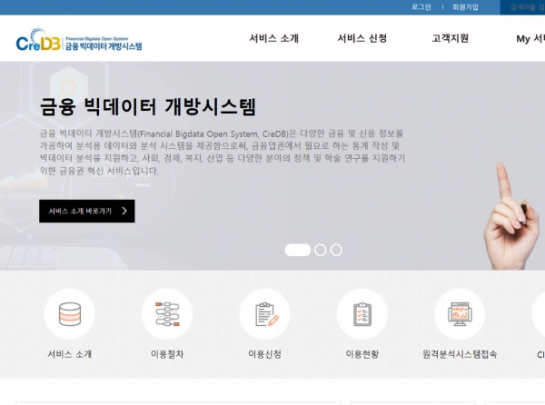금융빅데이터개방시스템 홈페이지 화면
