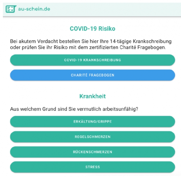 [자료 1]au-schein.de 플랫폼, COVID 19 진단 설문지와 일반 진단서를 위한 안내