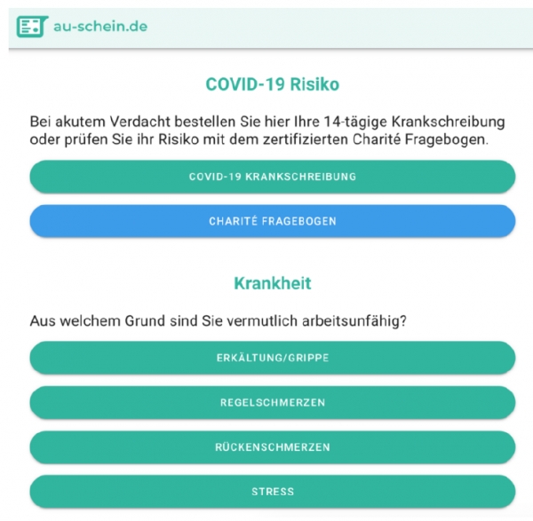 [자료 1]au-schein.de 플랫폼, COVID 19 진단 설문지와 일반 진단서를 위한 안내