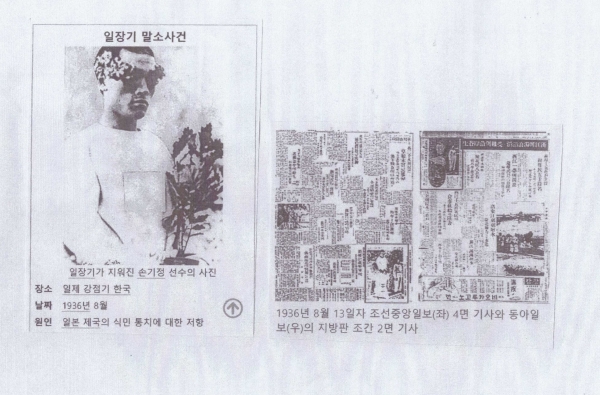 아일보와 조선중앙일보의 일장기 말소 기사 및 일장기가 지워진 손기정 선수 사진