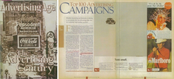 Advertising Age 1999년 The Advertising Century 표지 및 “Think Small“ 광고가 있는 페이지 (왼쪽부터)