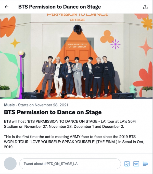 트위터가 제공하는 ‘BTS Permission to Dance on Stage’ 라이브 이벤트 페이지
