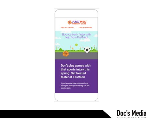 이번 봄에 아픈 상태로 스포츠를 하지 말고, FASTMED으 도움을 받아 빨리 회복하고 스포츠를 즐기라는 온라인 광고