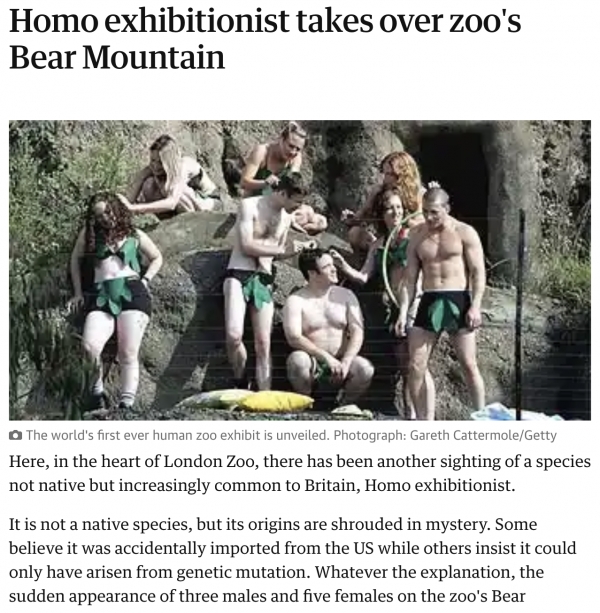 런던동물원 인간 전시를 보도한 더가디언 (2005.8.26)