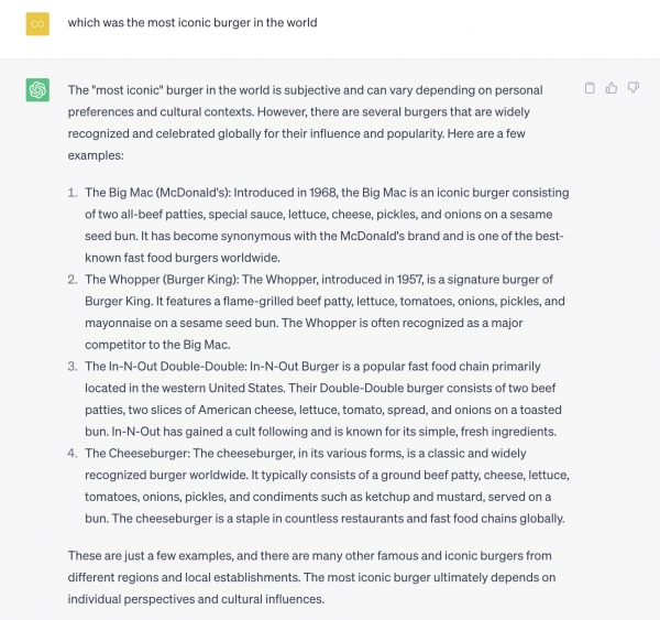 "세계에서 가장 상징적인 버거"라는 질문에 대한 챗GPT의 답