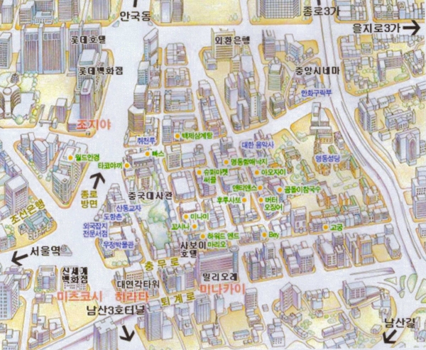 4개 일본인의 백화점(붉은 글자)이 표시된 서울 중심가 그림