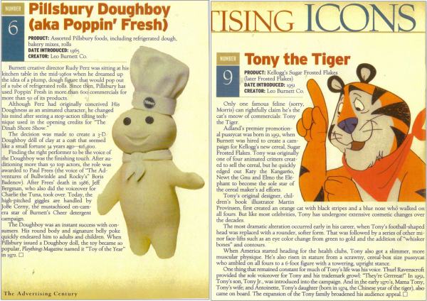 10대 아이콘 가운데 6위와 9위인 Doughboy 및 Tony the Tiger